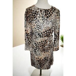 Vintage David Warren Animal Print Drape Dress Size 8 – Safari Glam Shoulder Pad
